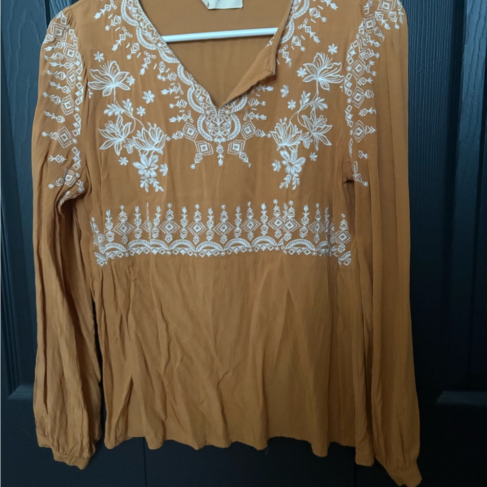 Savanna Jane Mustard Blouse with White Embroidery